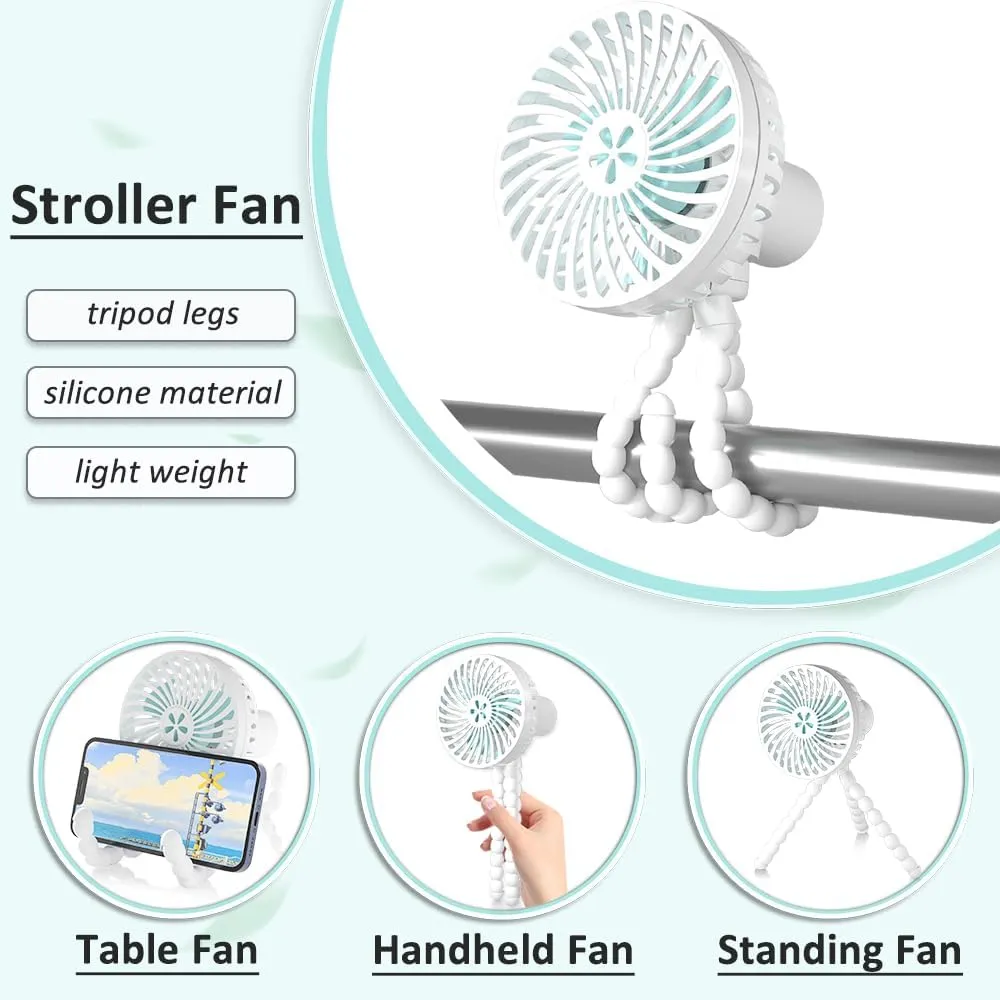 Stroller Fan USB Battery Powered Mini Fan with 3 Speeds for Baby Stroller,Desk Table Cooling Fan Handheld Fan for Treadmill Travel,Car Seat,Office,Makeup Lash Fan,White