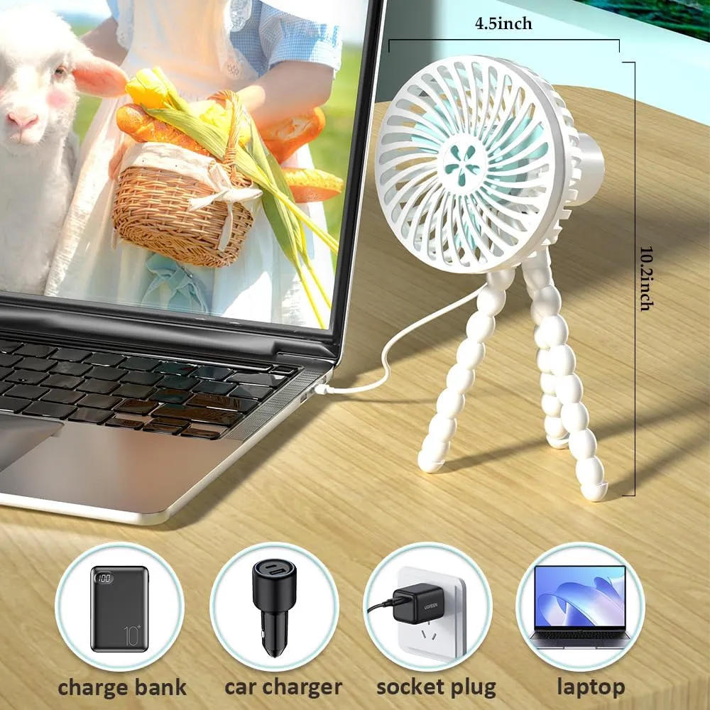 Stroller Fan USB Battery Powered Mini Fan with 3 Speeds for Baby Stroller,Desk Table Cooling Fan Handheld Fan for Treadmill Travel,Car Seat,Office,Makeup Lash Fan,White