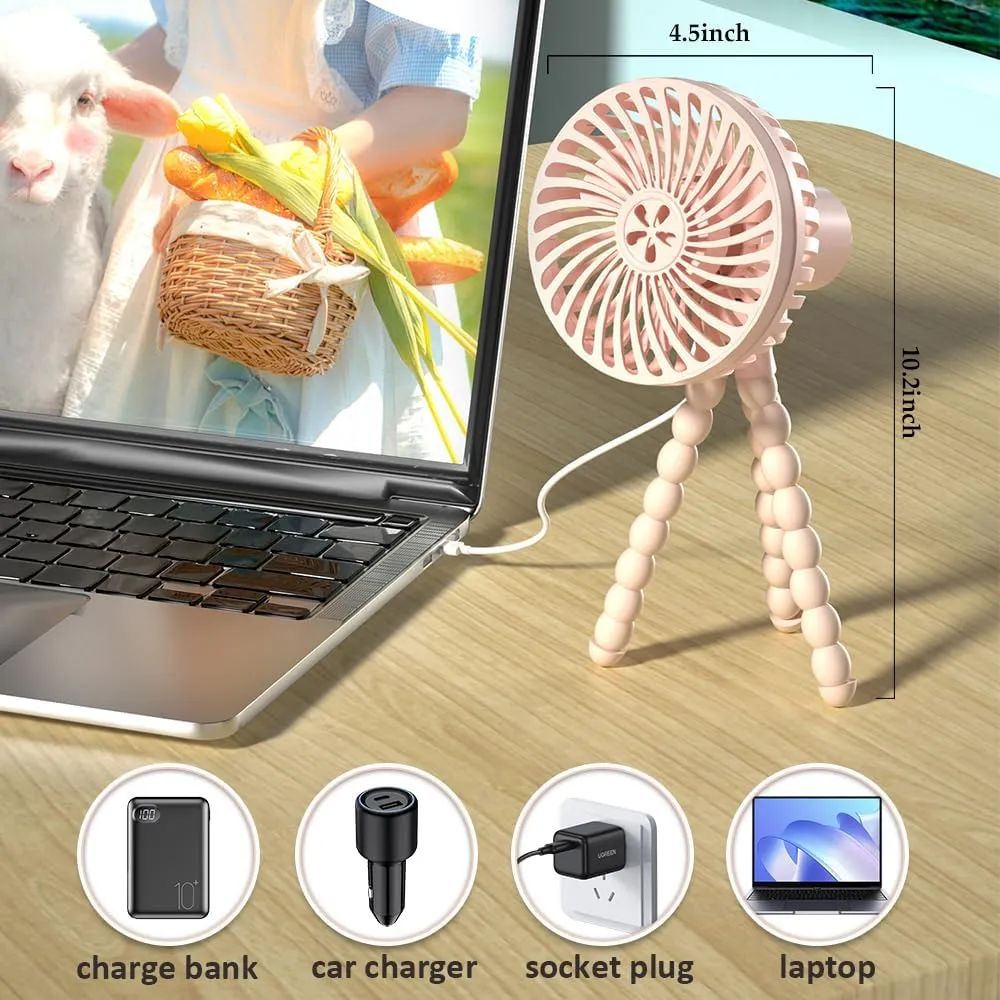 Stroller Fan with 3 Speeds USB Battery Powered Safe Stroller Cooling Fans Tripod Clip on FanHandheld Fan for Travel Treadmill Small Crib Fans,Pink