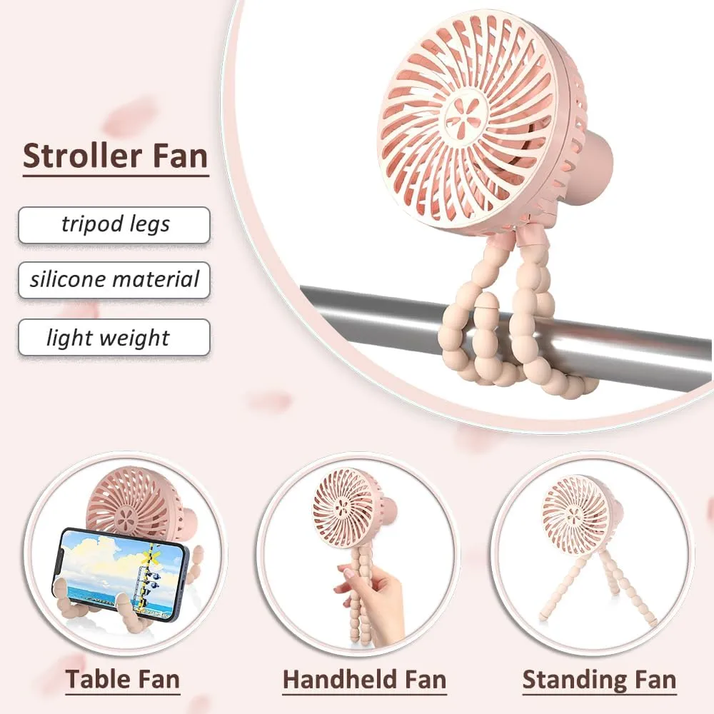 Stroller Fan with 3 Speeds USB Battery Powered Safe Stroller Cooling Fans Tripod Clip on FanHandheld Fan for Travel Treadmill Small Crib Fans,Pink