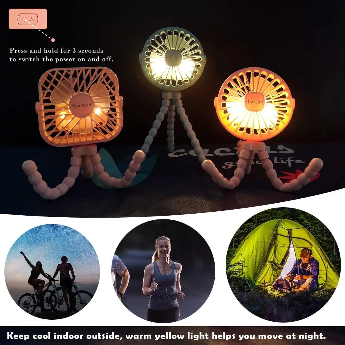 Suteng Stroller Fan Flexible Tripod Clip On Baby Fan, Battery Operated Mini Portable Handheld Fan for Car Seat Crib Stroller, USB Rechargeable Small Desk Fan with 3 Speeds and LED Lights