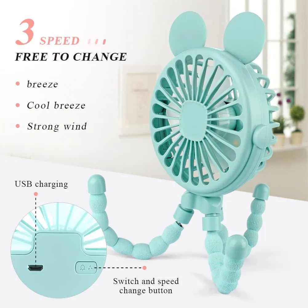 Suteng Stroller Fan Flexible Tripod Clip On Baby Fan, Battery Operated Mini Portable Handheld Fan for Car Seat Crib Stroller, USB Rechargeable Small Desk Fan with 3 Speeds and LED Lights