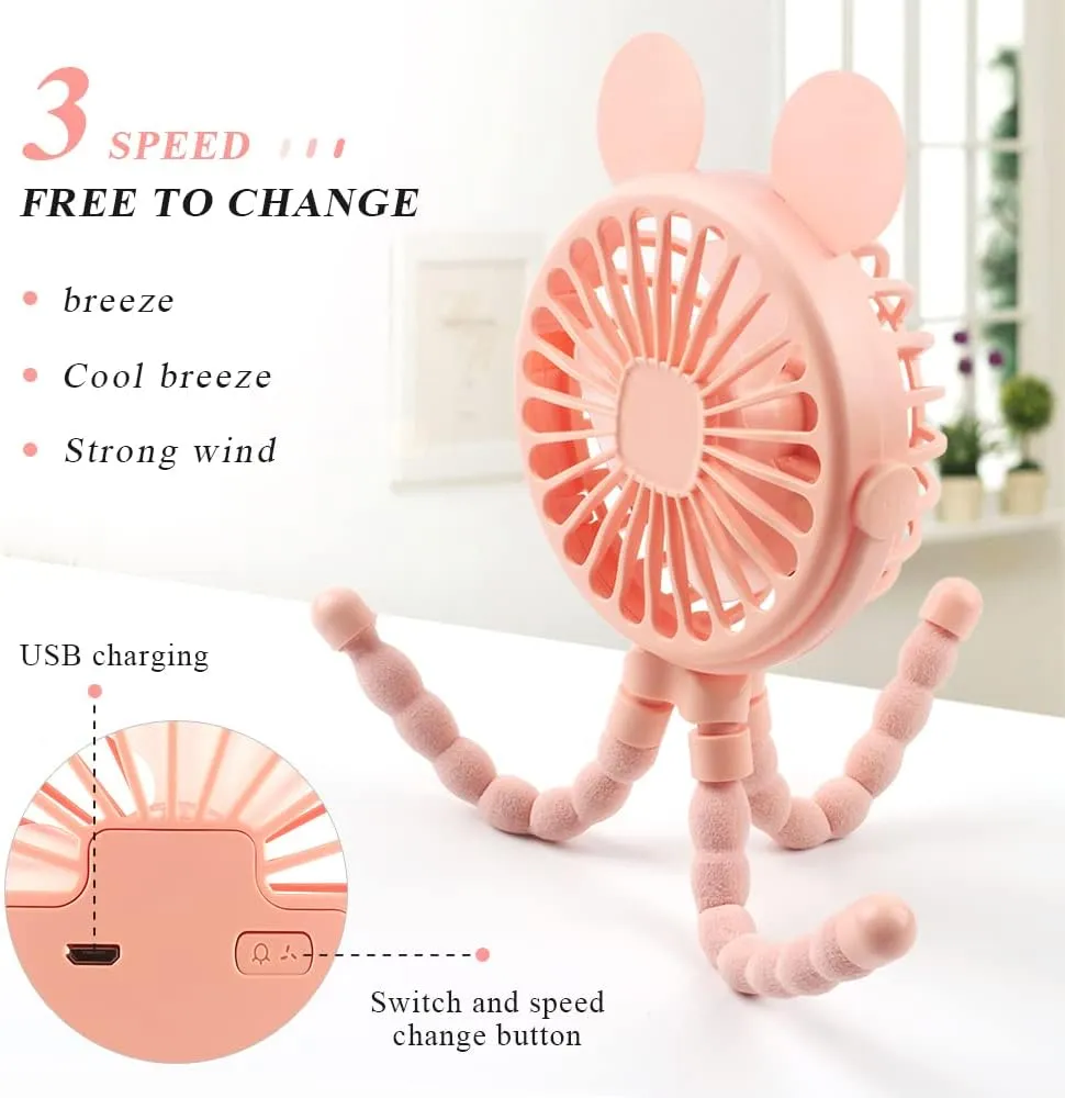 Suteng Stroller Fan Flexible Tripod Clip On Baby Fan, Battery Operated Mini Portable Handheld Fan for Car Seat Crib Stroller, USB Rechargeable Small Desk Fan with 3 Speeds and LED Lights
