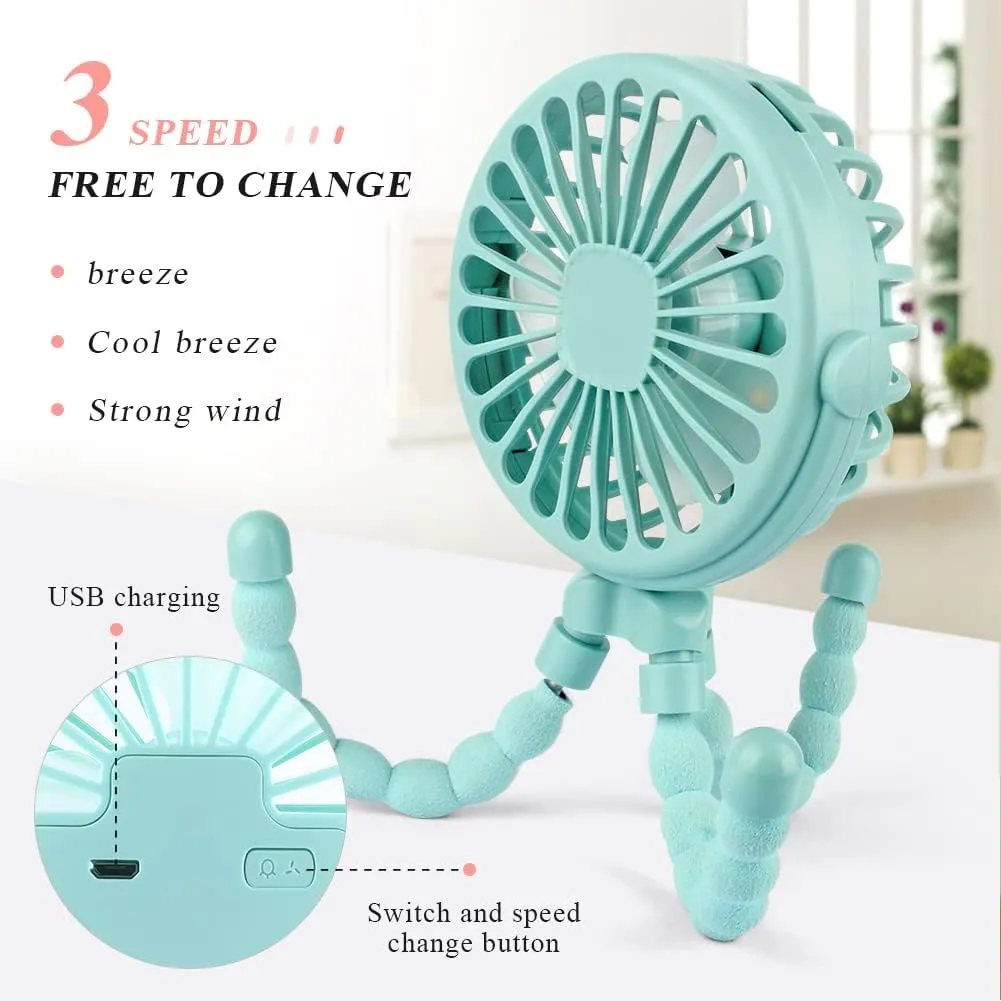Suteng Stroller Fan Flexible Tripod Clip On Baby Fan, Battery Operated Mini Portable Handheld Fan for Car Seat Crib Stroller, USB Rechargeable Small Desk Fan with 3 Speeds and LED Lights