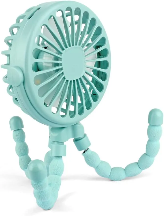 Suteng Stroller Fan Flexible Tripod Clip On Baby Fan, Battery Operated Mini Portable Handheld Fan for Car Seat Crib Stroller, USB Rechargeable Small Desk Fan with 3 Speeds and LED Lights Rear-mounted fan for childrens safety