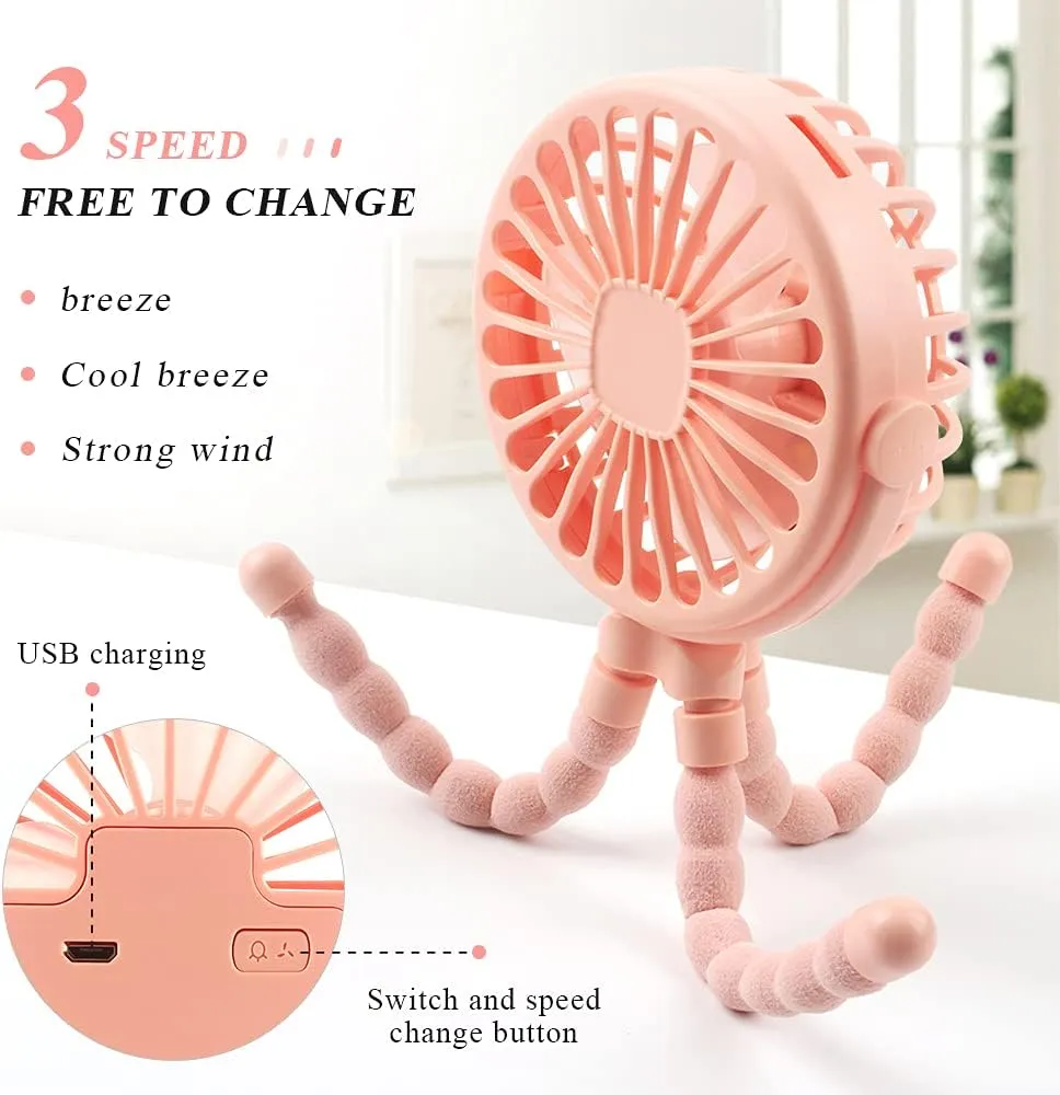 Suteng Stroller Fan Flexible Tripod Clip On Baby Fan, Battery Operated Mini Portable Handheld Fan for Car Seat Crib Stroller, USB Rechargeable Small Desk Fan with 3 Speeds and LED Lights