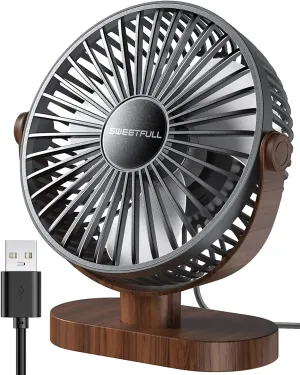 SWEETFULL 6.5 Inch USB Small Desk Fan, 3 Speeds Quiet Portable Desktop Table Fan, 360 Adjustment Personal Mini Fan for Home Office Car Outdoor Travel (Black wood grain) USB desktop fan for workspace