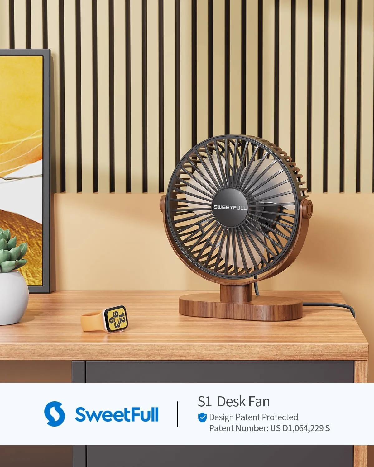 SWEETFULL 6.5 Inch USB Small Desk Fan, 3 Speeds Quiet Portable Desktop Table Fan, 360 Adjustment Personal Mini Fan for Home Office Car Outdoor Travel (Black wood grain)