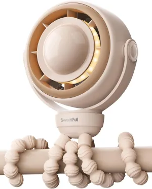SWEETFULL Baby Stroller Fan - 4000mAh Rechargeable 4-Speed Quiet with LED Display & Night Light, Mini Portable 360 Clip On Safe Fan for Car Seat, Crib, Travel - Brown Small bladeless fan for quiet cooling