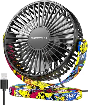 SWEETFULL Desk Fan USB Small Fan, 3 Speeds Portable Fan, 360 Rotate Personal Desktop Table Fan, Mini Fan Quiet Operation, for Home Office Car Outdoor Travel (Graffiti) USB desktop fan for workspace