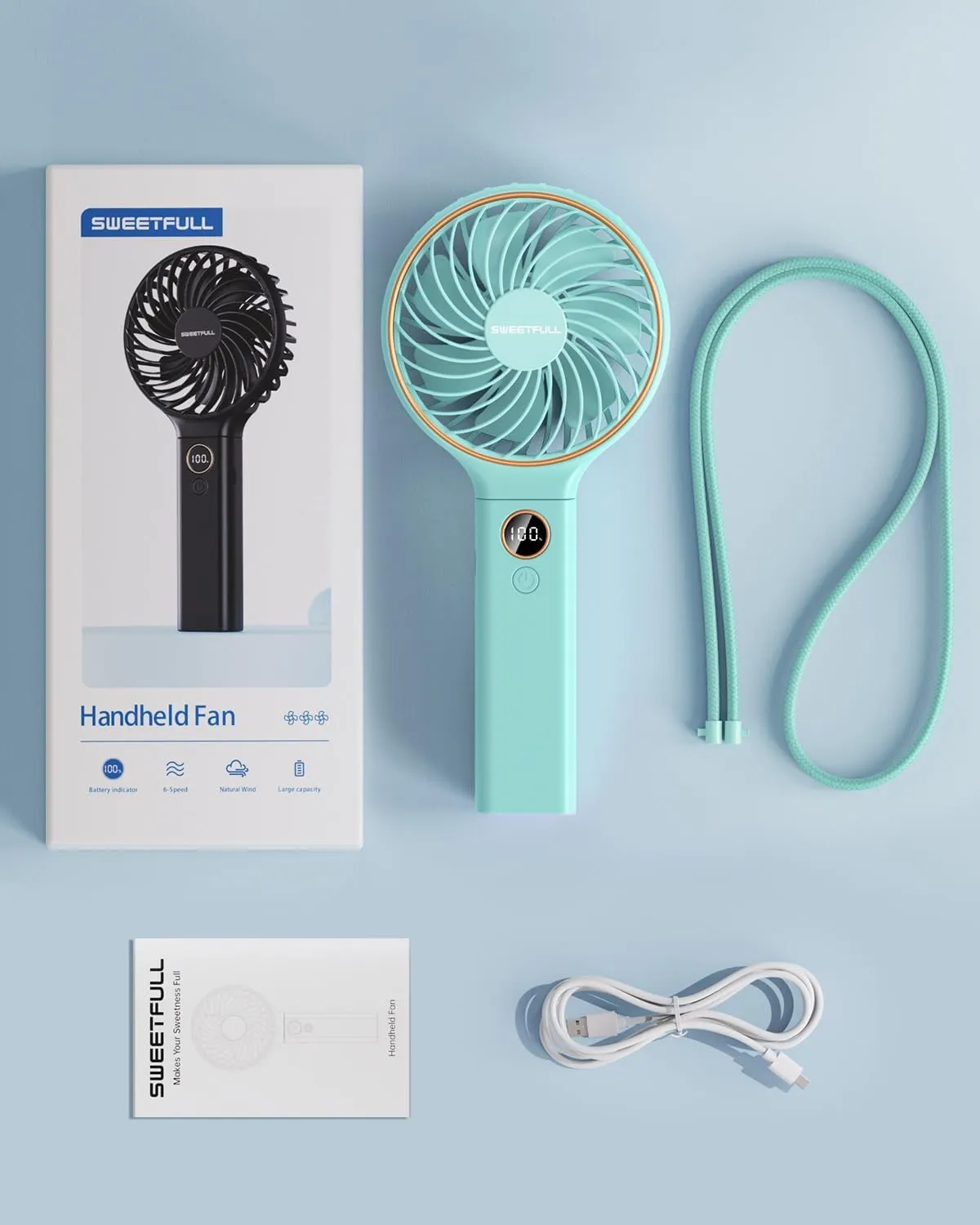 SWEETFULL Handheld Fan, Portable Fan, 5000mAh Rechargeable Battery, 6 Speed Wind, LED Display, Personal Mini Travel Fan with Backup Power, Hand Held Fan USB Foldable Electric Fan for Women Girl