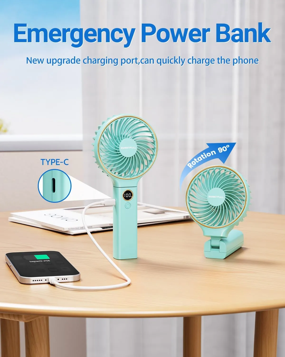 SWEETFULL Handheld Fan, Portable Fan, 5000mAh Rechargeable Battery, 6 Speed Wind, LED Display, Personal Mini Travel Fan with Backup Power, Hand Held Fan USB Foldable Electric Fan for Women Girl