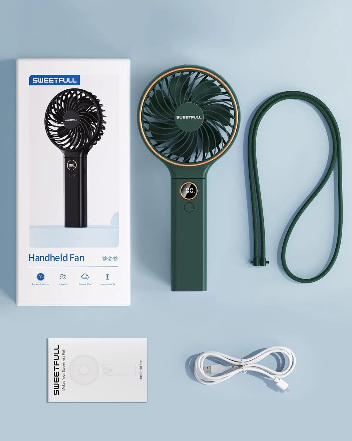 SWEETFULL Handheld Fan, Portable Fan, 5000mAh Rechargeable Battery, 6 Speed Wind, LED Display, Personal Mini Travel Fan with Backup Power, Hand Held Fan USB Foldable Electric Fan for Women Girl