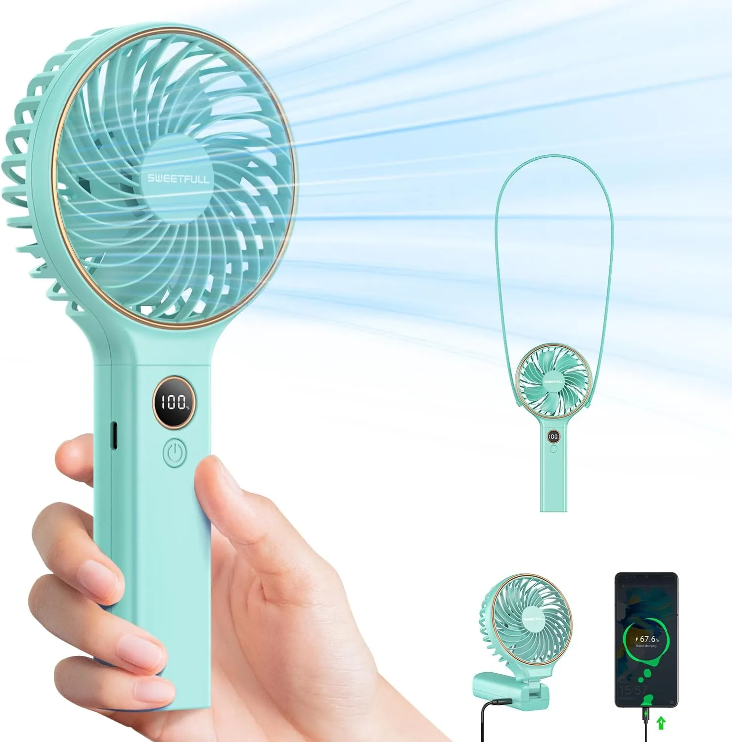 SWEETFULL Handheld Fan, Portable Fan, 5000mAh Rechargeable Battery, 6 Speed Wind, LED Display, Personal Mini Travel Fan with Backup Power, Hand Held Fan USB Foldable Electric Fan for Women Girl Waist-mounted portable fan for outdoor use