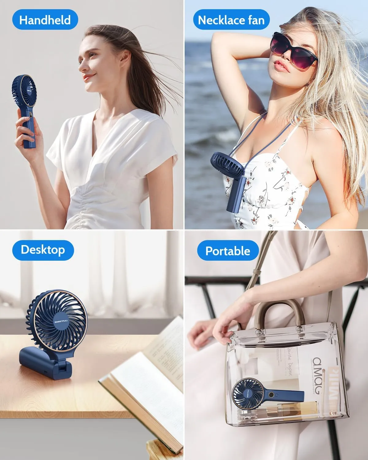 SWEETFULL Handheld Fan,5000mAh Portable Fan Mini fan Small Personal Fan with Backup Power,Desk Fan Hand Held Fan Rechargeable Battery Operated Cooling Electric Fan for Women Girl Travel Office