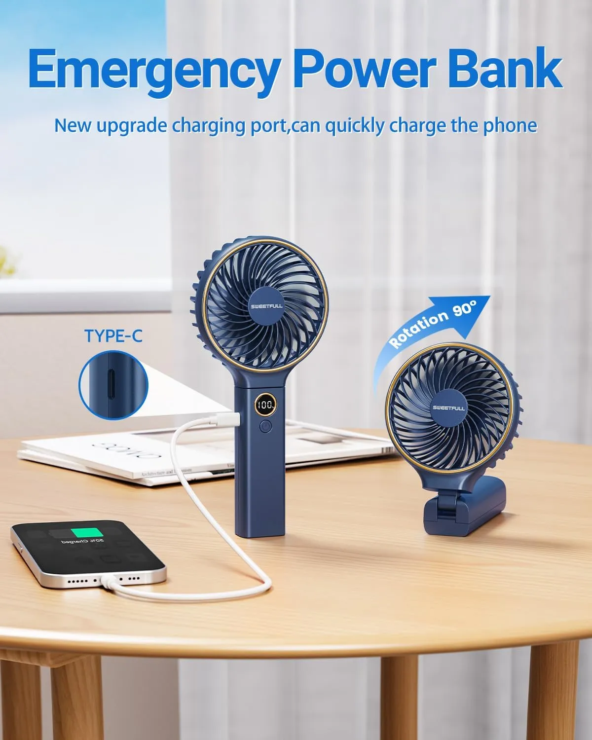 SWEETFULL Handheld Fan,5000mAh Portable Fan Mini fan Small Personal Fan with Backup Power,Desk Fan Hand Held Fan Rechargeable Battery Operated Cooling Electric Fan for Women Girl Travel Office