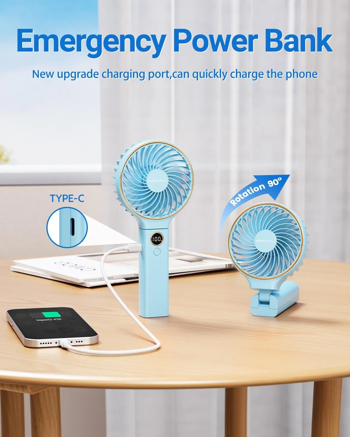 SWEETFULL Handheld Portable Fan, 5000mAh Rechargeable Battery, 6 Speed Wind, LED Digital Display, Foldable Electric Personal Mini Travel Fan with Backup Power, Summer Essentials Gifts for Women Girl