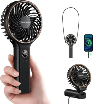 SWEETFULL Handheld Portable Fan, 5000mAh Rechargeable Battery, 6 Speed Wind, LED Digital Display, Foldable Electric Personal Mini Travel Fan with Backup Power, Summer Essentials Gifts for Women Girl Waist-mounted portable fan for outdoor use