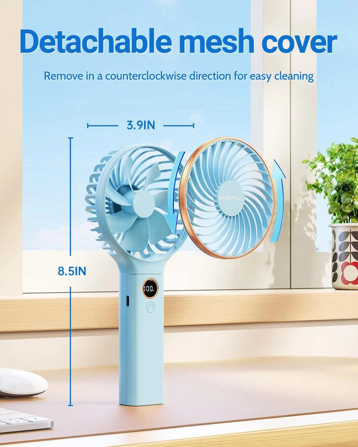 SWEETFULL Handheld Portable Fan, 5000mAh Rechargeable Battery, 6 Speed Wind, LED Digital Display, Foldable Electric Personal Mini Travel Fan with Backup Power, Summer Essentials Gifts for Women Girl