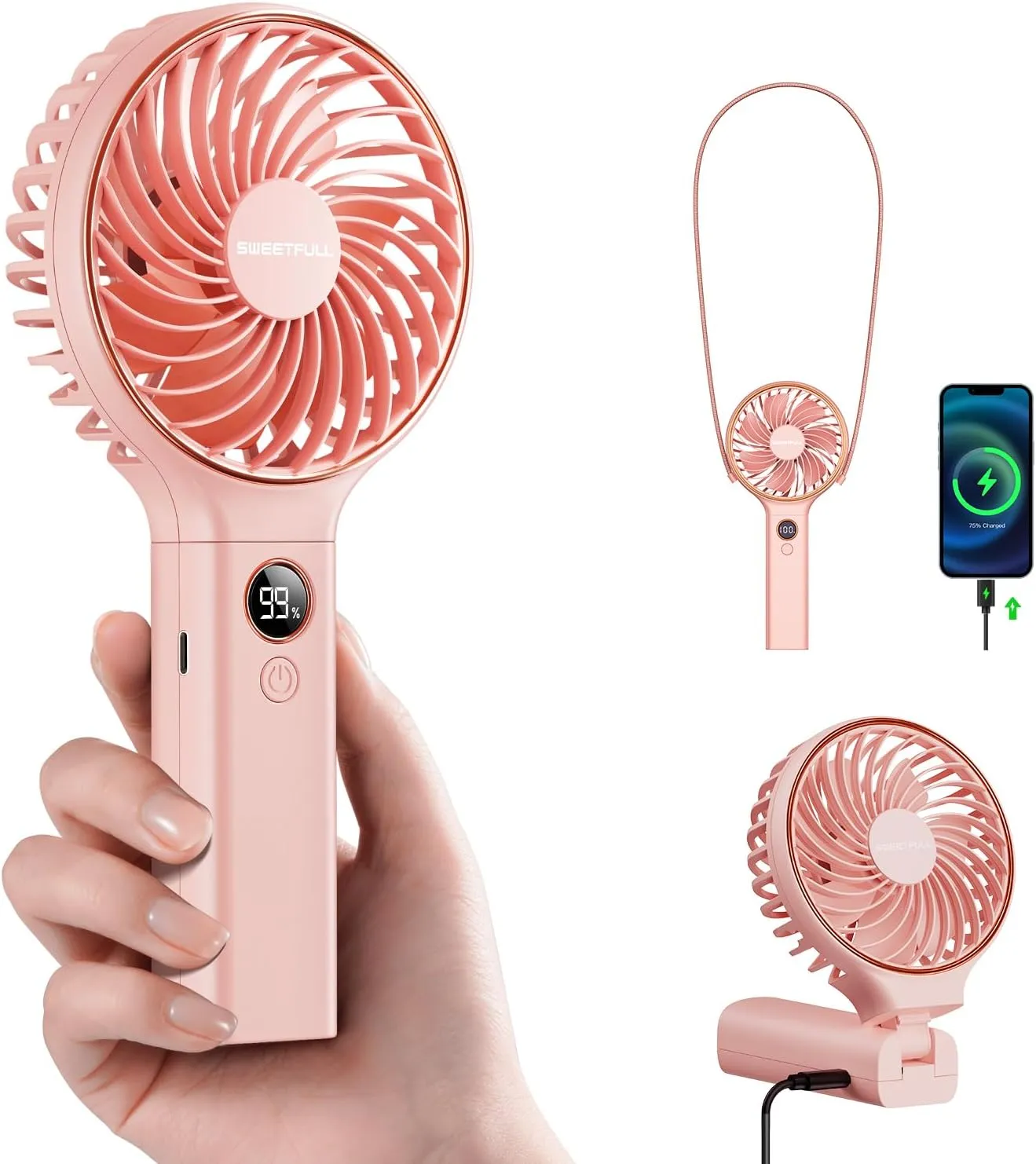 SWEETFULL Handheld Portable Fan, 5000mAh Rechargeable Battery, 6 Speed Wind, LED Digital Display, Foldable Electric Personal Mini Travel Fan with Backup Power, Summer Essentials Gifts for Women Girl Waist-mounted portable fan for outdoor use