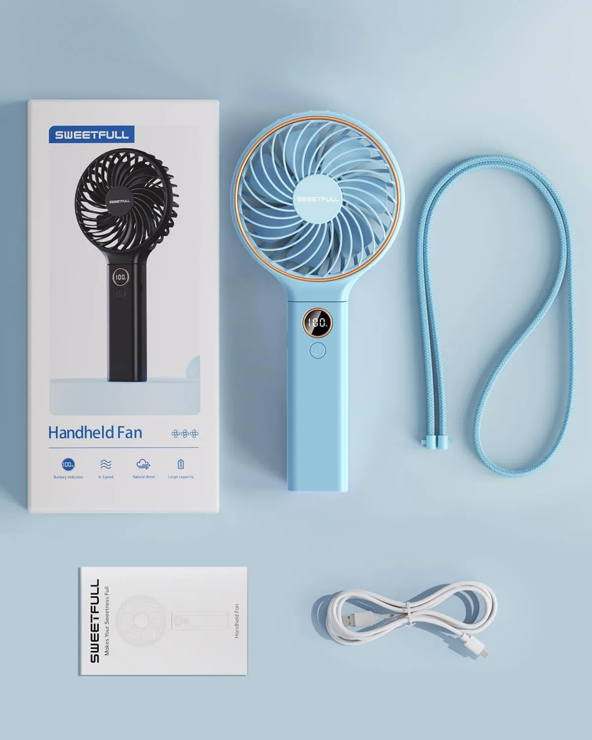 SWEETFULL Handheld Portable Fan, 5000mAh Rechargeable Battery, 6 Speed Wind, LED Digital Display, Foldable Electric Personal Mini Travel Fan with Backup Power, Summer Essentials Gifts for Women Girl
