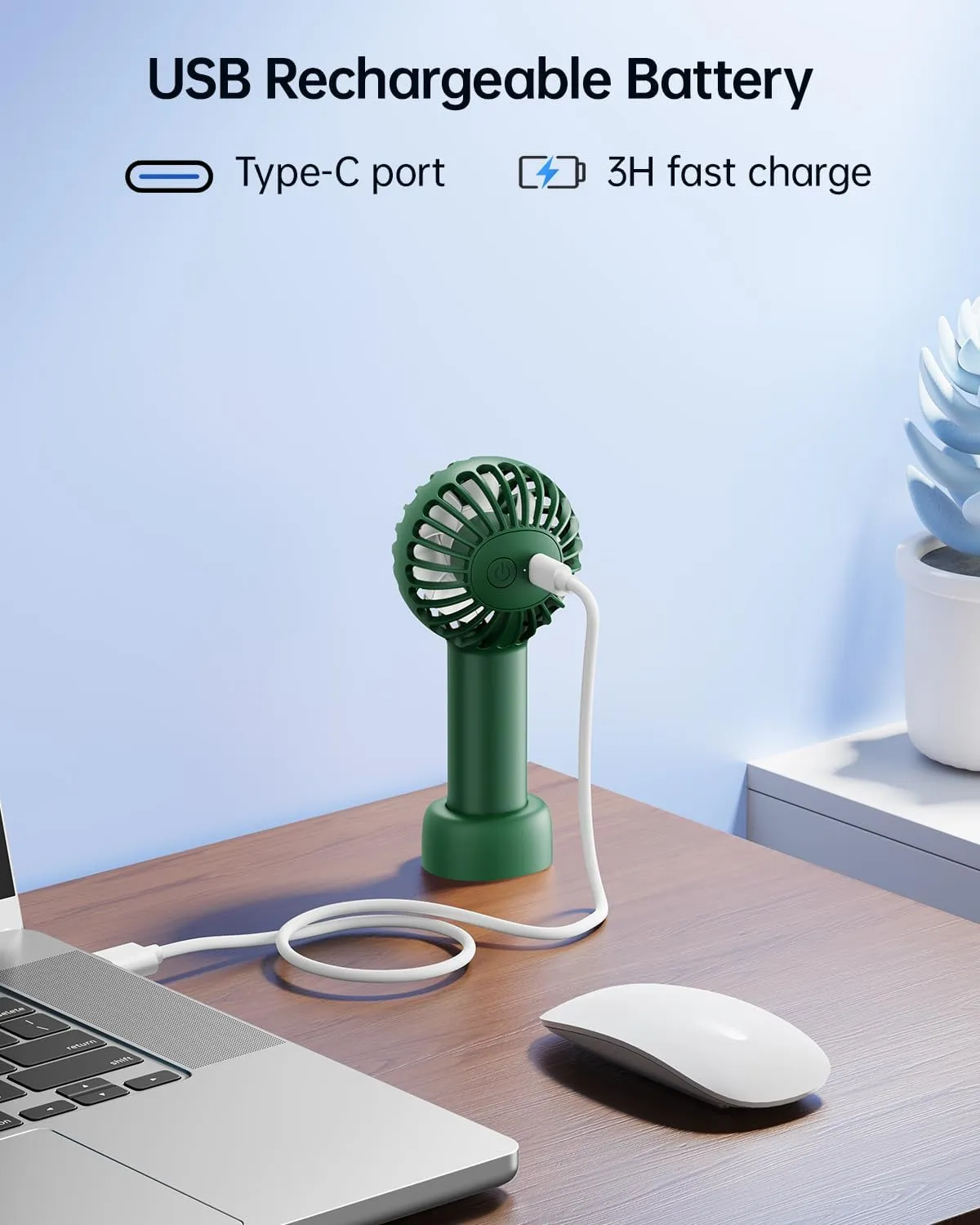 SWEETFULL Mini Portable Fan Powerful Handheld Fan Rechargeable,3 Speeds Personal Small Hand Fan for Travel Makeup Eyelash Fan for Stylish Kids Girls Women USB Cute Design, Dark Green