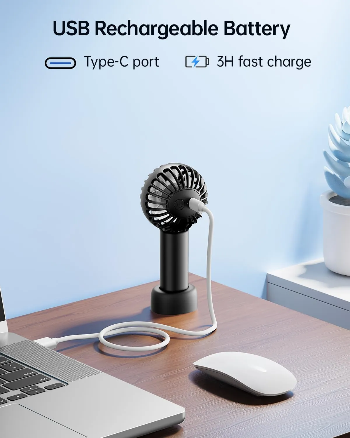 SWEETFULL Mini Portable Fan - Rechargeable Handheld Fan, 3 Speeds Personal Hand Gifts for Travel Essentials, Lash, Makeup, Eyelash, Kids, Girls, Women - USB, Cute Design Black