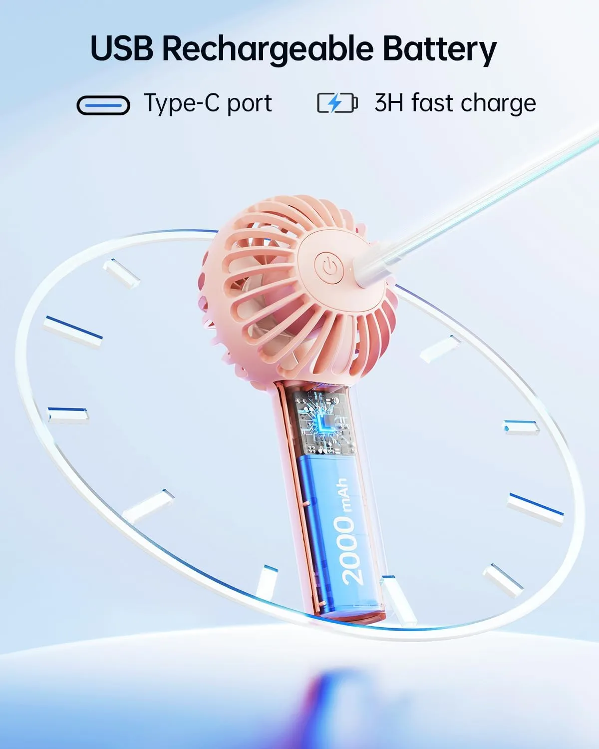 SWEETFULL Mini Portable Fan - Rechargeable Handheld Fan, 3 Speeds Personal Hand Gifts for Travel, Makeup, Eyelash, Kids, Girls, Women - USB, Cute Design