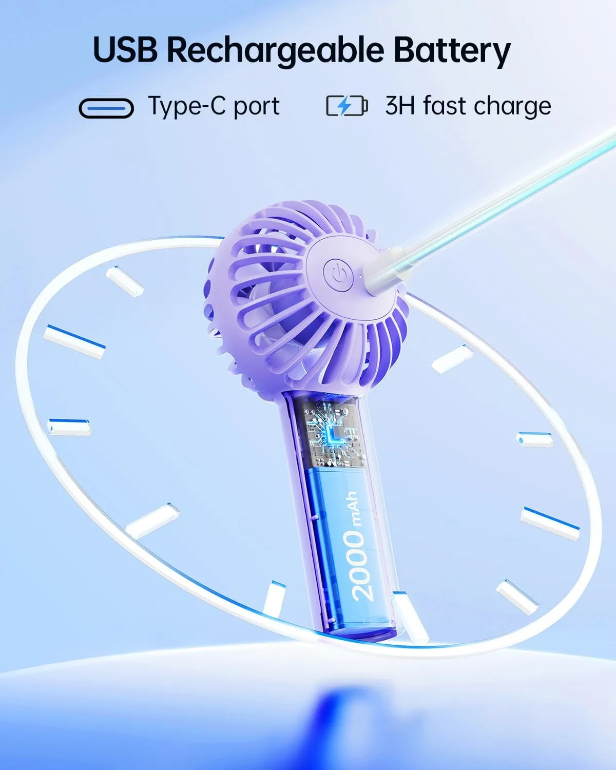 SWEETFULL Mini Portable Fan - Rechargeable Handheld Fan, 3 Speeds Personal Small Hand Gifts for Travel Essentials, Lash, Makeup, Eyelash, Kids, Girls, Women - USB, Cute Design Purple