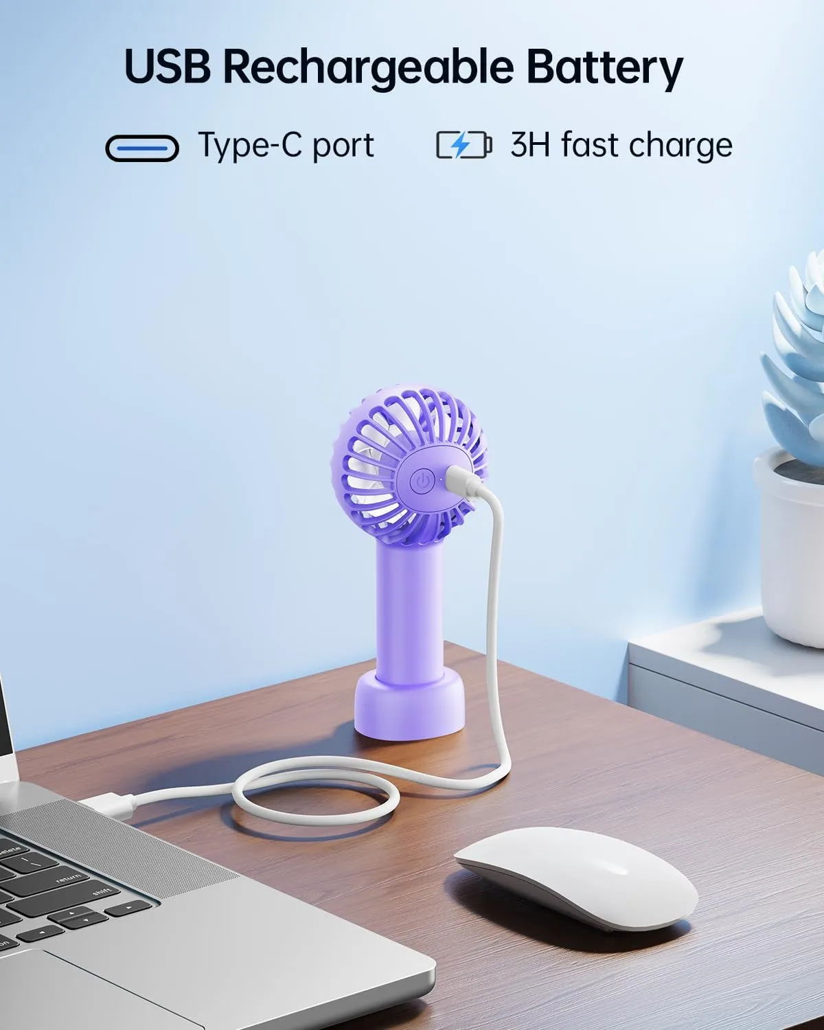 SWEETFULL Mini Portable Fan - Rechargeable Handheld Fan, 3 Speeds Personal Small Hand Gifts for Travel Essentials, Lash, Makeup, Eyelash, Kids, Girls, Women - USB, Cute Design Purple