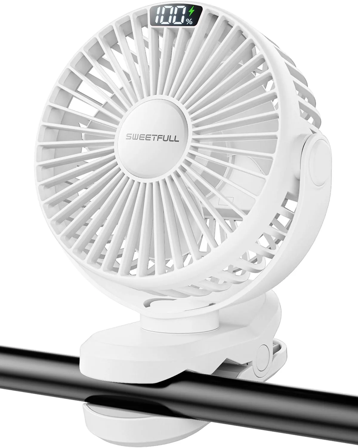 SWEETFULL Portable Clip on Fan - Battery Operated Rechargeable Fan with LED Display, 4 Speeds, Mini Personal Cooling Desk Fan for Golf Cart Travel Camping Gym - White Battery-powered portable fan