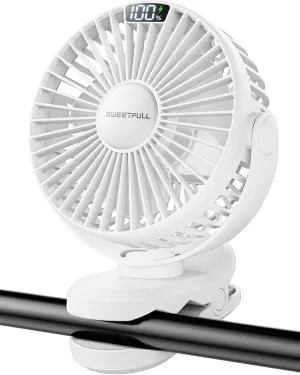 SWEETFULL Portable Clip on Fan - Battery Operated Rechargeable Fan with LED Display, 4 Speeds, Mini Personal Cooling Desk Fan for Golf Cart Travel Camping Gym - White Battery-powered portable fan