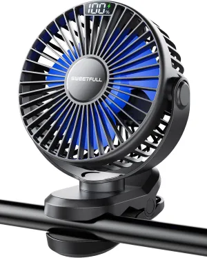 SWEETFULL Portable Clip on Fan - Battery Operated Stroller Fan, 4000mAh Small Rechargeable Fans with LED Display, 4 Speeds, Mini Personal Cooling Desk Cooler for Golf Cart Travel Camping Gym (Black) Battery-powered portable fan