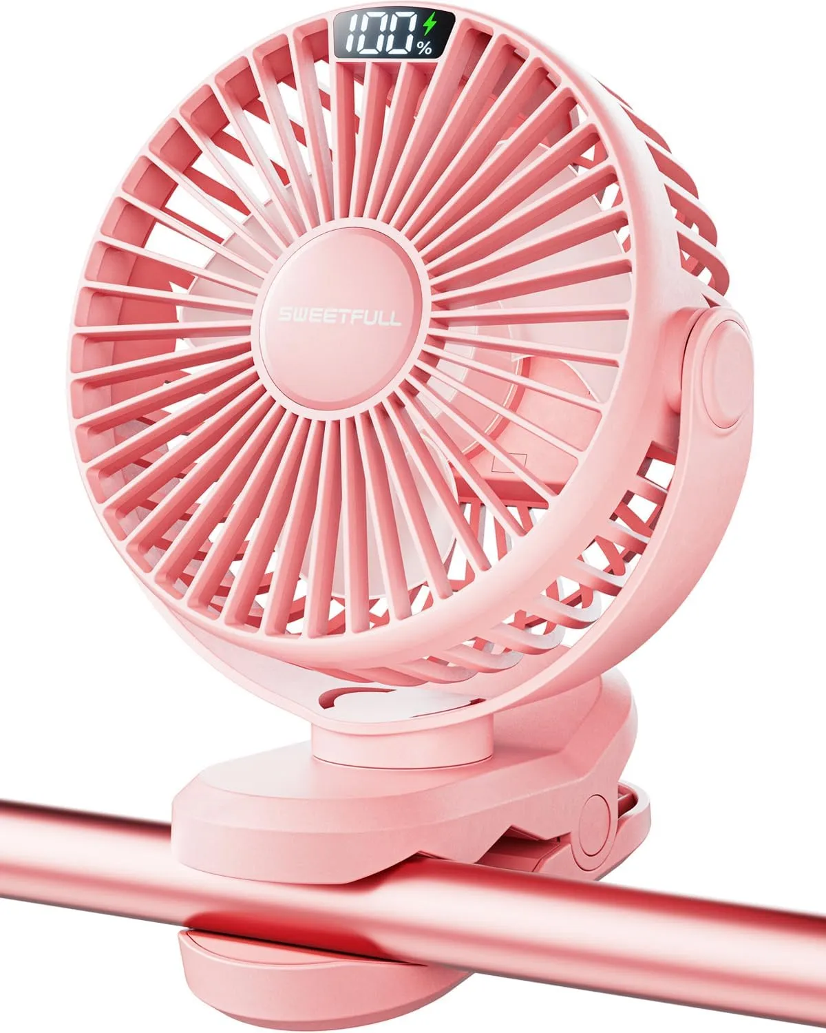 SWEETFULL Portable Clip on Fan - Battery Operated Stroller Fan, 4000mAh Small Rechargeable Fans with LED Display, 4 Speeds, Mini Personal Cooling Desk Cooler for Golf Cart Travel Camping Gym (Pink) Battery-powered portable fan