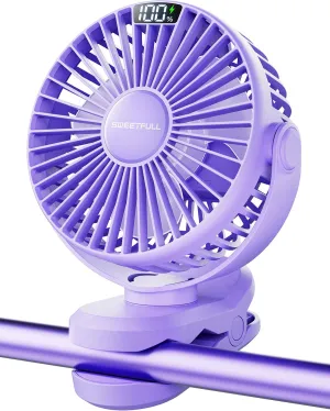 SWEETFULL Portable Clip on Fan - Battery Operated Stroller Fan, 4000mAh Small Rechargeable Fans with LED Display, 4 Speeds, Mini Personal Cooling Desk Cooler for Golf Cart Travel Camping Gym (Purple) Battery-powered portable fan
