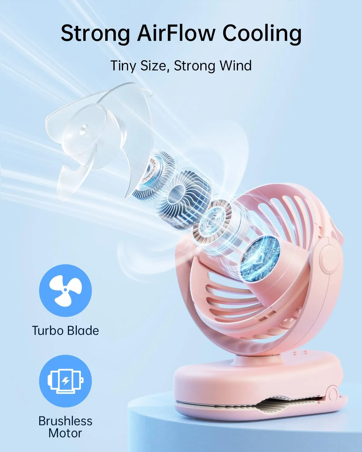 SWEETFULL Portable Clip on Fan - Mini Rechargeable Personal Fan with Strong Clamp, 3 Speeds, 11Hrs Cooling, Cute Small Desk Cooler for Stroller Bed Pet Carriers Umbrell Travel Outdoor - Pink