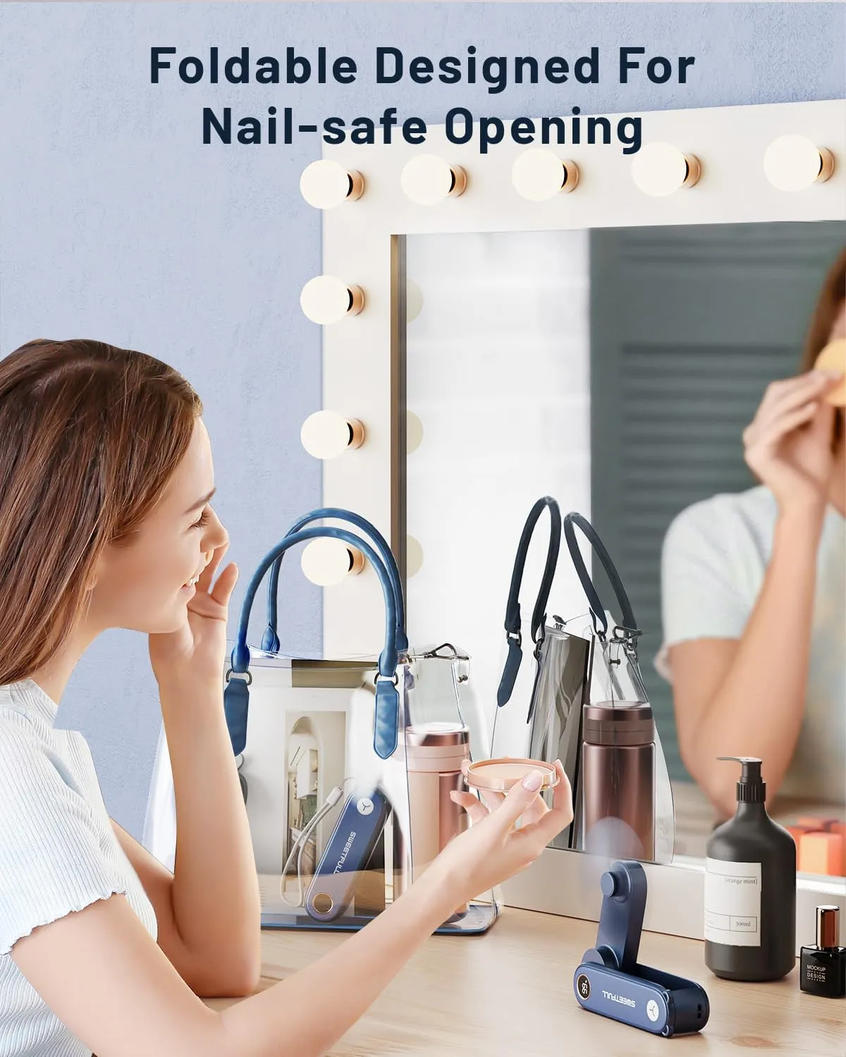 SWEETFULL Portable Handheld Mini Fan with LED Display, 3-in-1 Personal Foldable USB Rechargeable Hand Held Fan & Flashlight for Travel, Lash Eyelash, Cute Small Pocket for Women, Girls