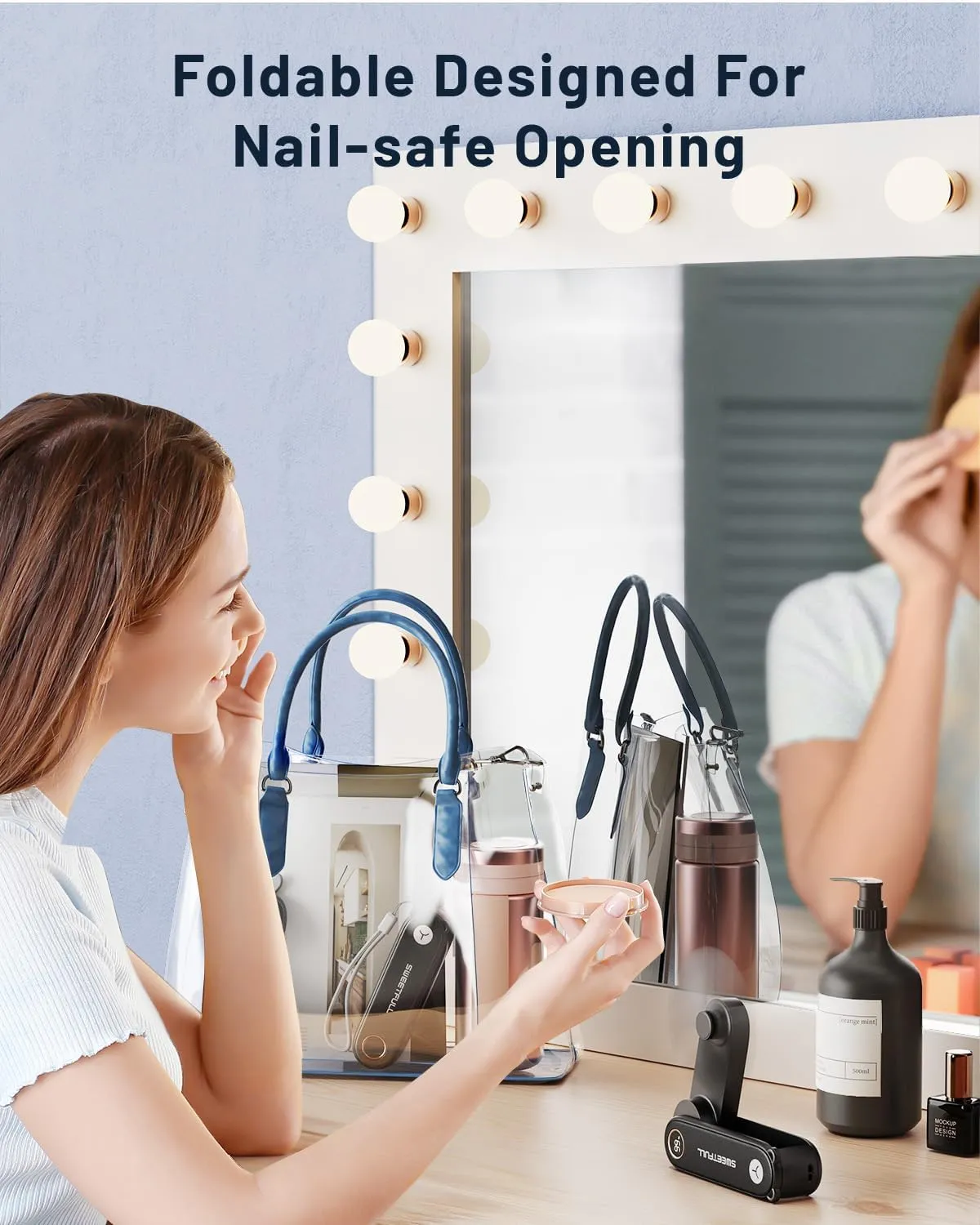 SWEETFULL Portable Handheld Mini Fan with LED Display, 3-in-1 Personal Foldable USB Rechargeable Hand Held Fan & Flashlight for Travel, Lash Eyelash, Cute Small Pocket for Women, Girls