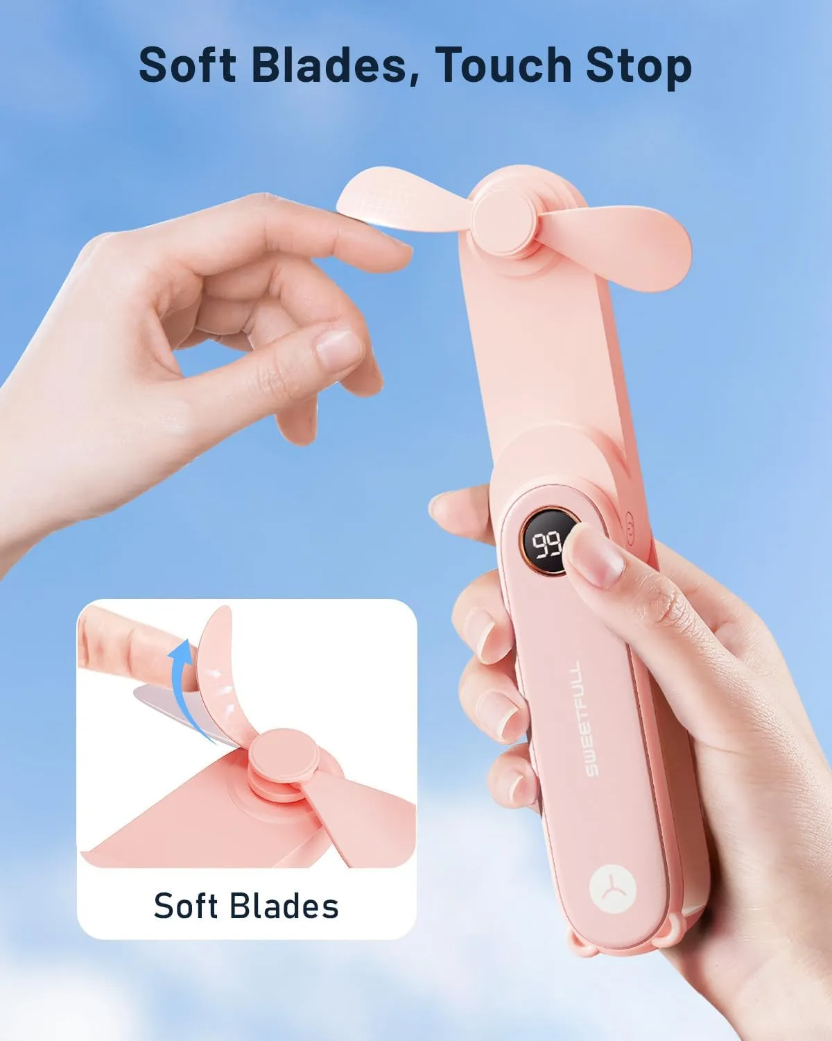 SWEETFULL Portable Handheld Mini Fan with LED Display, 3-in-1 Personal Foldable USB Rechargeable Hand Held Fan & Flashlight for Travel, Lash Eyelash, Cute Small Pocket for Women, Girls