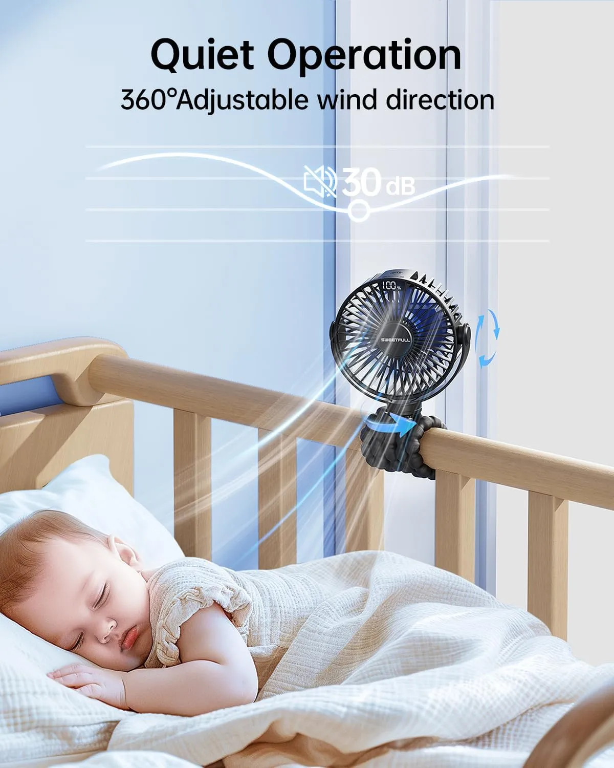SWEETFULL Portable Stroller Fan with Display 4000mAh Battery Powered Mini Clip On Fan, 4-Speed Rechargeable Small Personal Cooling for Baby Car Seat Crib Travel - Black