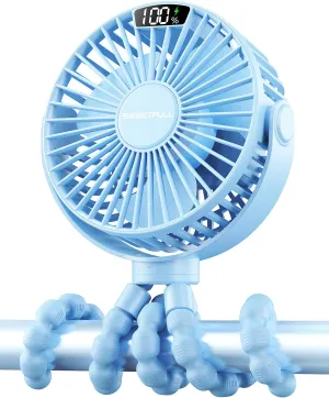 SWEETFULL Portable Stroller Fan with Display 4000mAh Battery Powered Mini Clip On Fan, 4-Speed Rechargeable Small Personal Cooling for Baby Car Seat Crib Travel - Blue Battery-powered portable fan