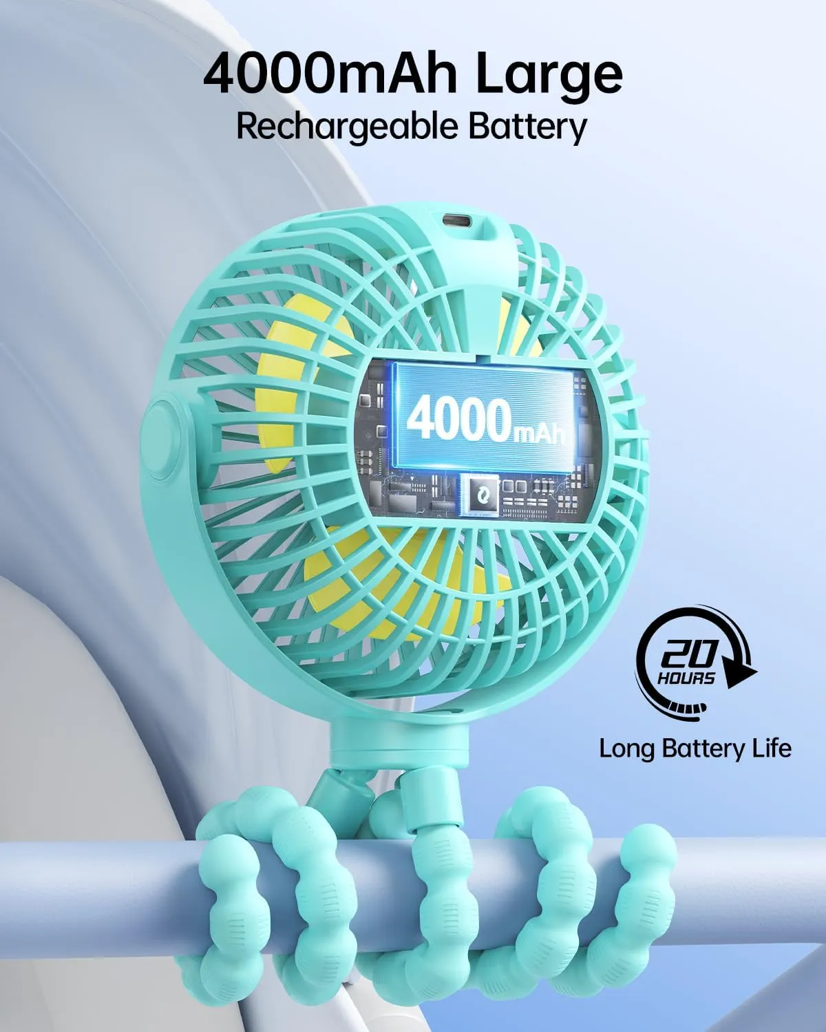 SWEETFULL Portable Stroller Fan with Display 4000mAh Battery Powered Mini Clip On Fan, 4-Speed Rechargeable Small Personal Cooling for Baby Car Seat Crib Travel - Cyan