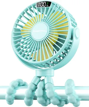 SWEETFULL Portable Stroller Fan with Display 4000mAh Battery Powered Mini Clip On Fan, 4-Speed Rechargeable Small Personal Cooling for Baby Car Seat Crib Travel - Cyan Battery-powered portable fan