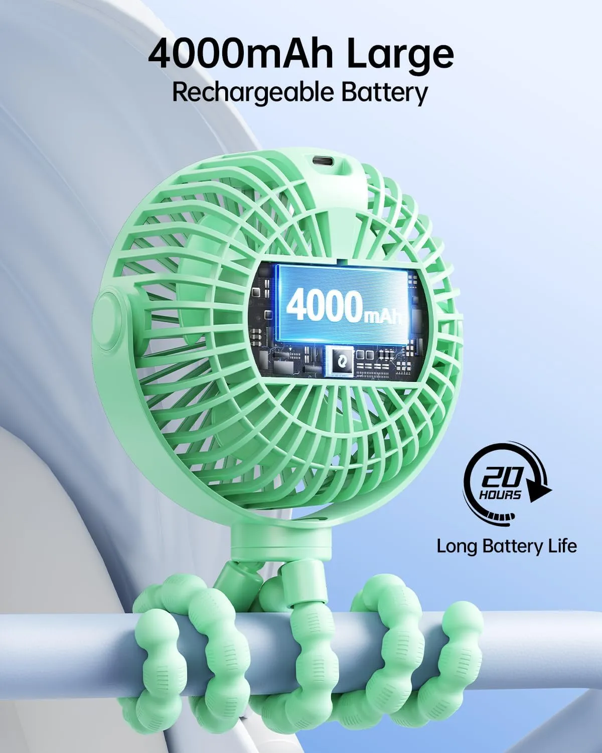 SWEETFULL Portable Stroller Fan with Display 4000mAh Battery Powered Mini Clip On Fan, 4-Speed Rechargeable Small Personal Cooling for Baby Car Seat Crib Travel - Green