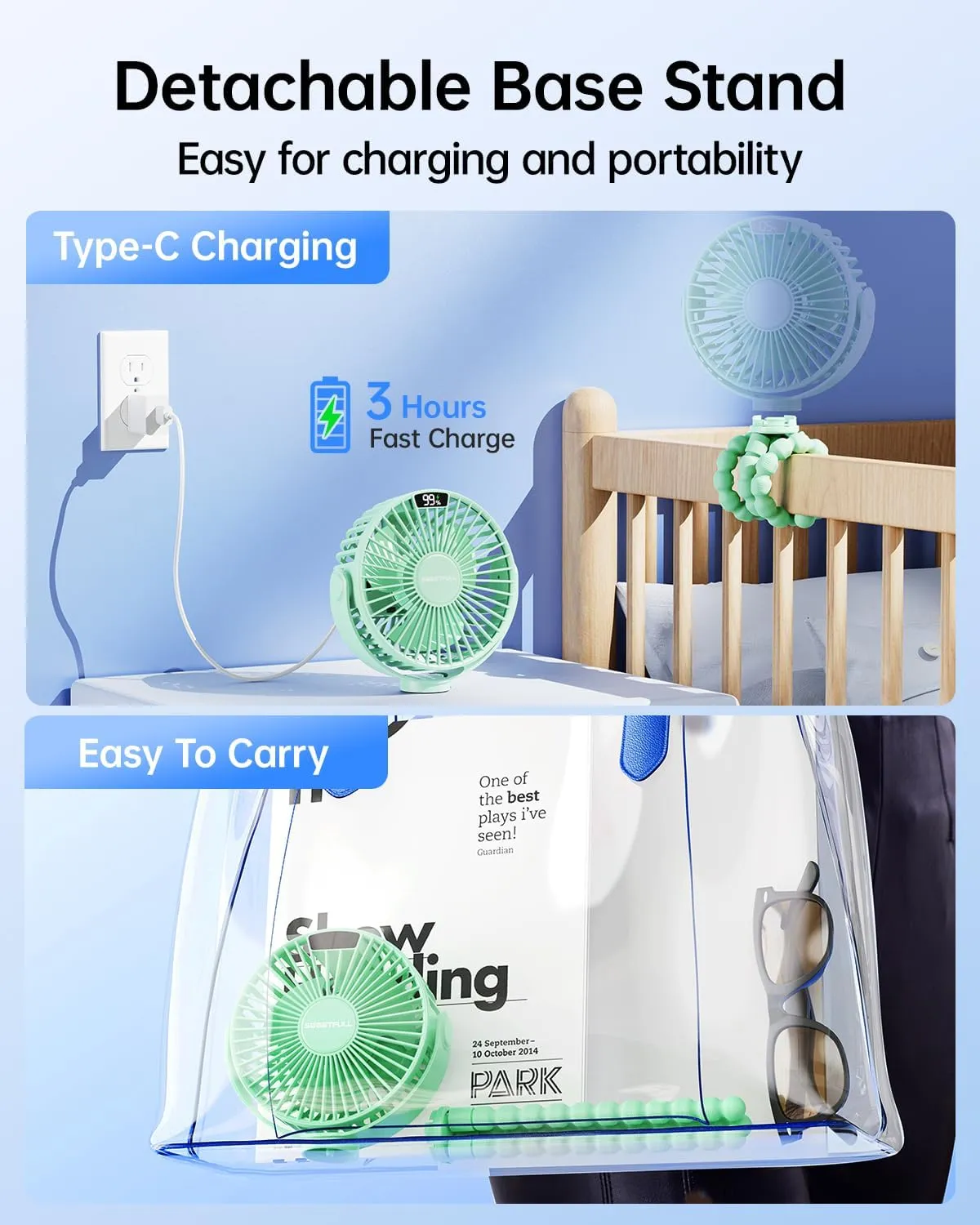 SWEETFULL Portable Stroller Fan with Display 4000mAh Battery Powered Mini Clip On Fan, 4-Speed Rechargeable Small Personal Cooling for Baby Car Seat Crib Travel - Green