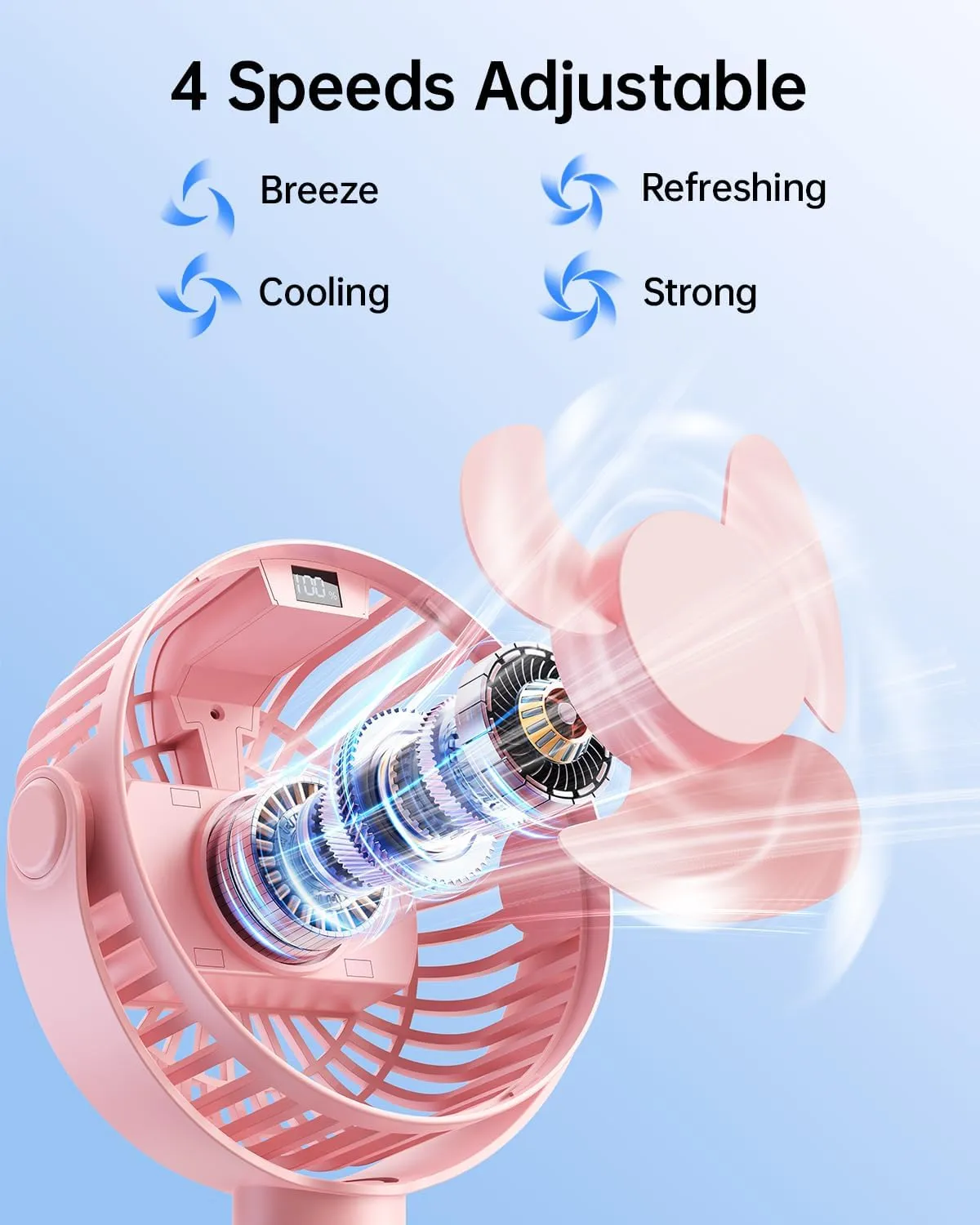 SWEETFULL Portable Stroller Fan with Display 4000mAh Battery Powered Mini Clip On Fan, 4-Speed Rechargeable Small Personal Cooling for Baby Car Seat Crib Travel - Pink