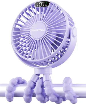SWEETFULL Portable Stroller Fan with Display 4000mAh Battery Powered Mini Clip On Fan, 4-Speed Rechargeable Small Personal Cooling for Baby Car Seat Crib Travel - Purple Battery-powered portable fan