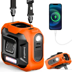 SWEETFULL Portable Waist fan, 10000mAh Personal Fan Rechargeable with Belt, 15500RPM Clip on Fan with LED SOS & Flashlight, 3 Speeds Battery operated 24H RunTime for Jobsite Outdoor Travel (Orange) Waist-mounted portable fan for outdoor use