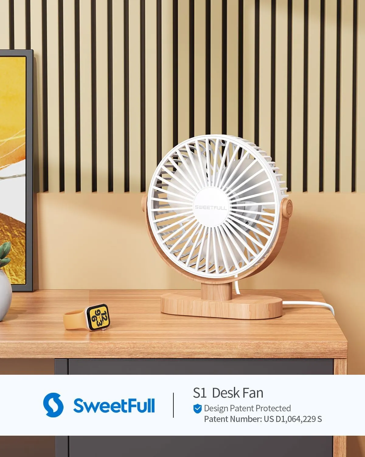 SWEETFULL Small USB Desk Fan 6.5 Inch, 3 Speeds Portable Personal Desktop Table Fan, Dual 360 Adjustment Mini Fan, Quiet Operation, for Home Office Car Outdoor Travel (White wood grain)