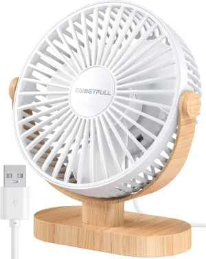 SWEETFULL Small USB Desk Fan 6.5 Inch, 3 Speeds Portable Personal Desktop Table Fan, Dual 360 Adjustment Mini Fan, Quiet Operation, for Home Office Car Outdoor Travel (White wood grain) USB desktop fan for workspace